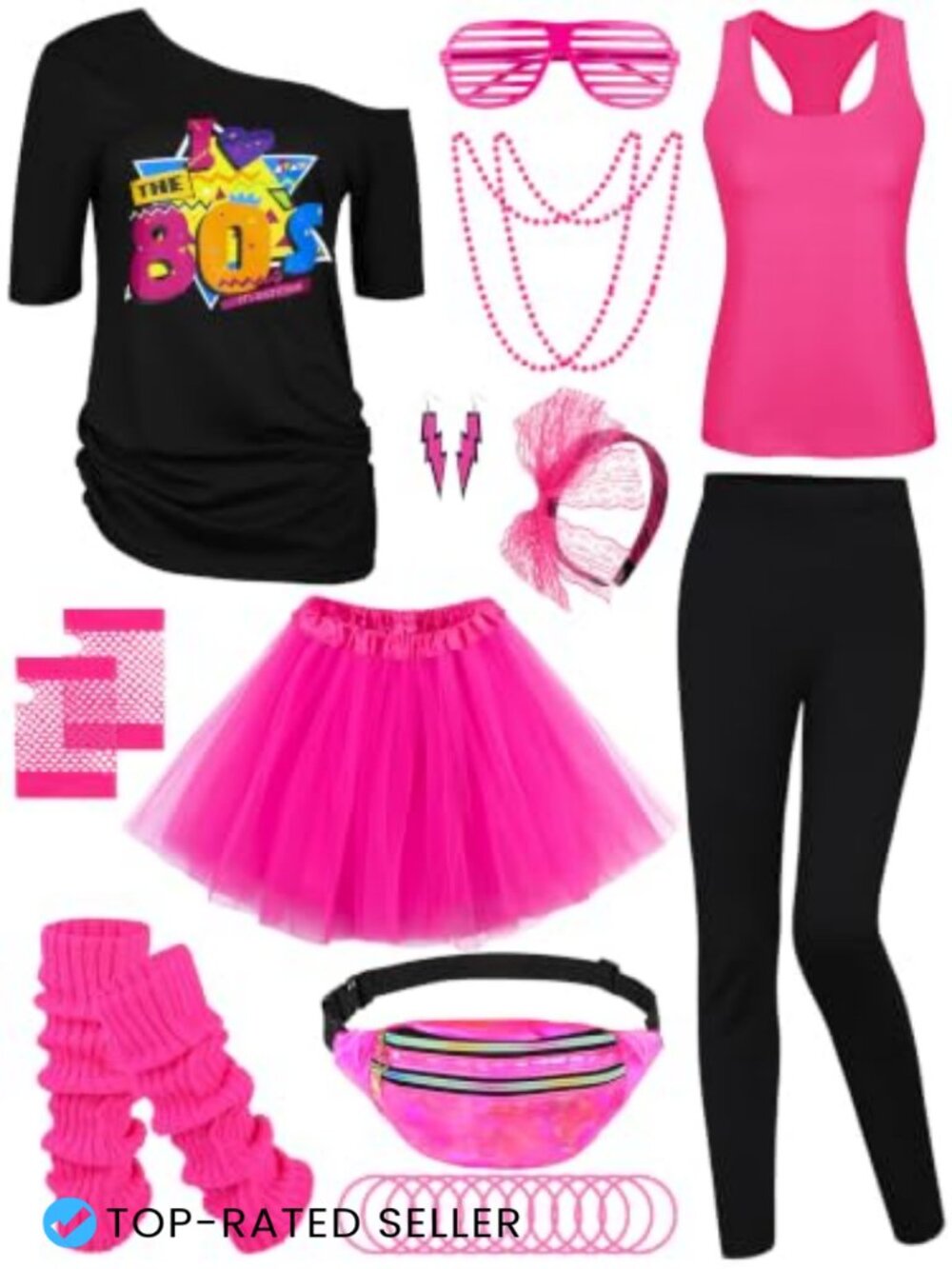 24 Piece 80s Costume Set Off-Shoulder Tee Tutu Pants Racerback Top Accessories